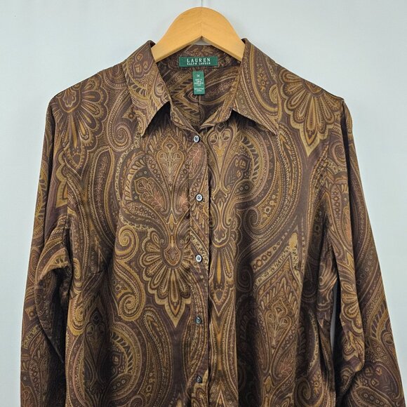 Ralph Lauren Button Down Shirt Womens 1X Paisley 100% Cotton Brown Tan Old Money - Picture 7 of 10